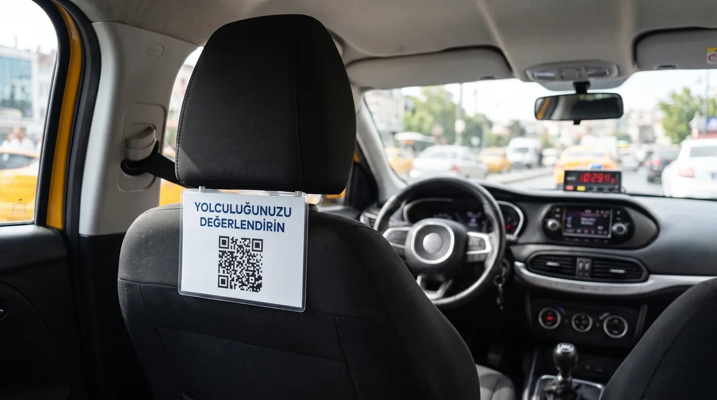 Araç içindeki QR kartı — yolcular yolculuk sonunda okutup değerlendirme bırakıyor
