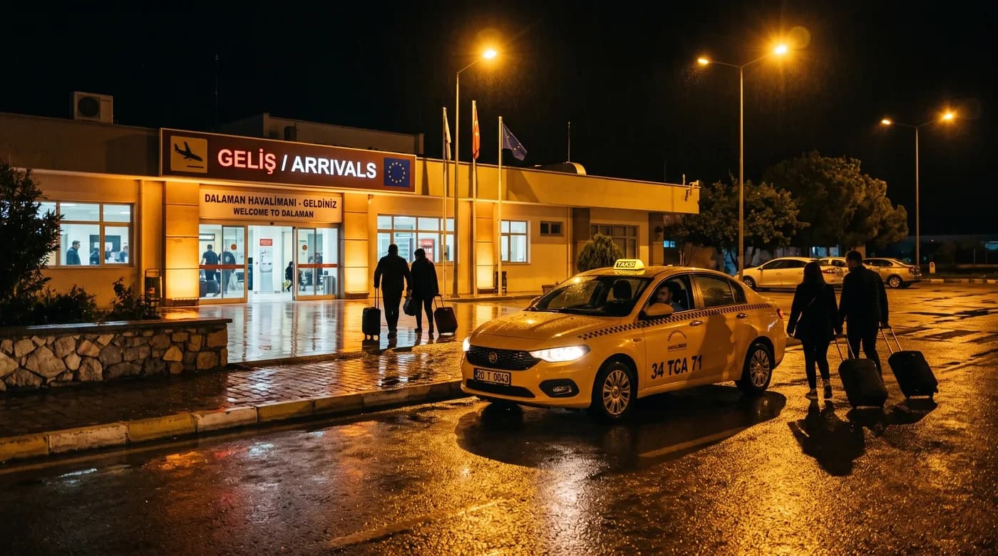 Gece inen uçuşlarda terminal çıkışında bekleyen taksi